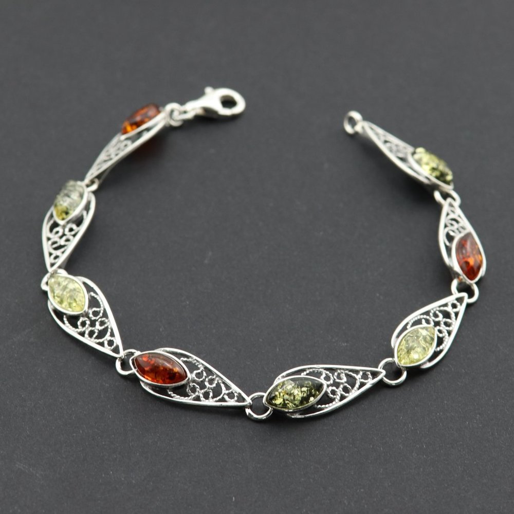 Sterling silver and natural Baltic amber link bracelet - Picture 3 of 13